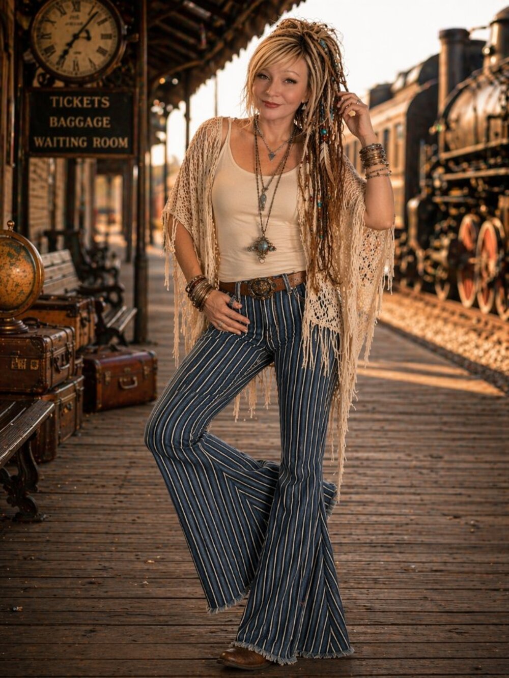 Plus size Lucky & Blessed Navy and White Striped Flare Pants